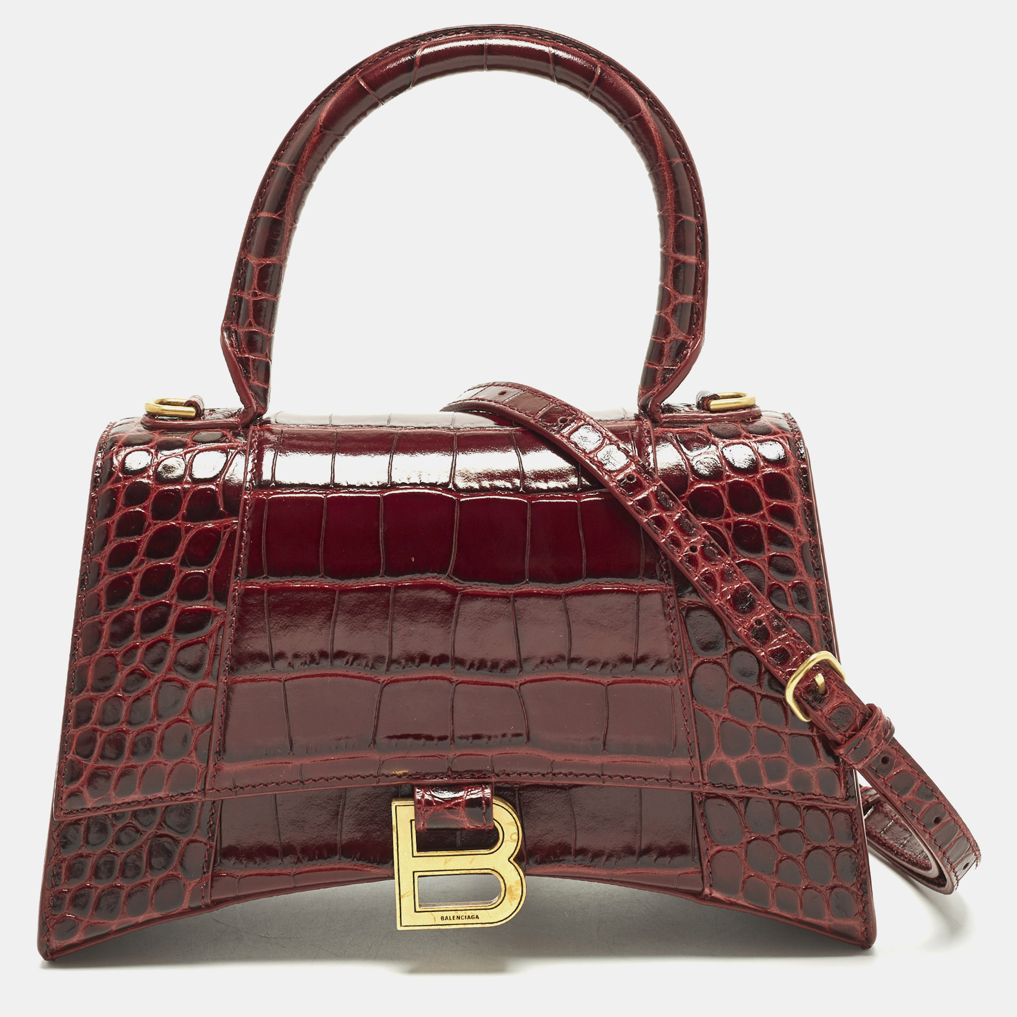 

Balenciaga Hourglass Small Burgundy Croc Embossed Leather Top Handle Bag