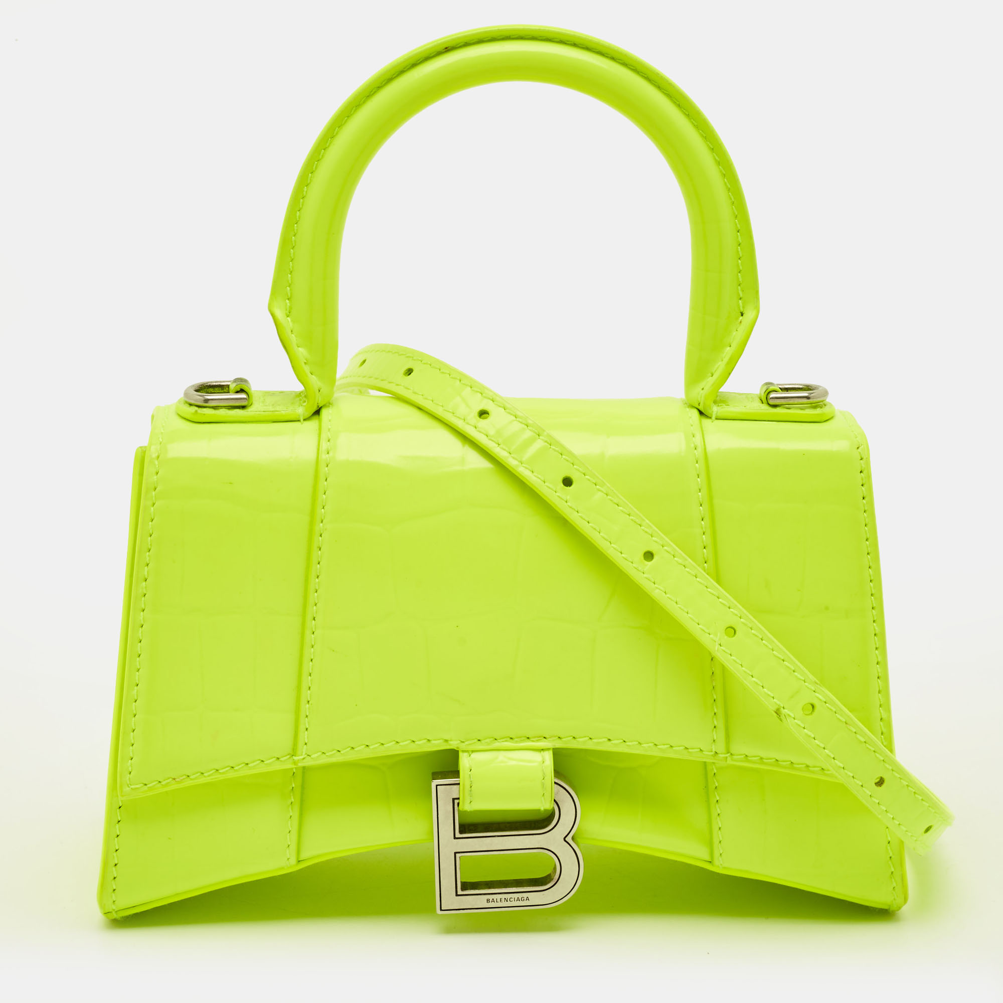 

Balenciaga Hourglass XS Fluorescent Yellow Croc Embossed Leather Top Handle Bag