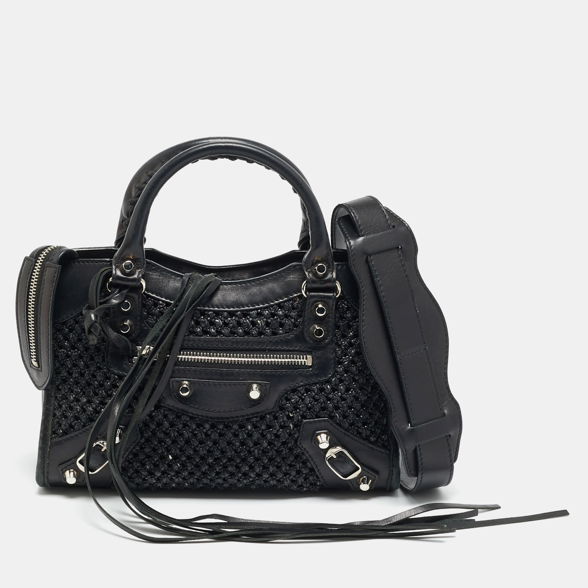 

Balenciaga Classic City Mini Black Leather and Raffia Bag