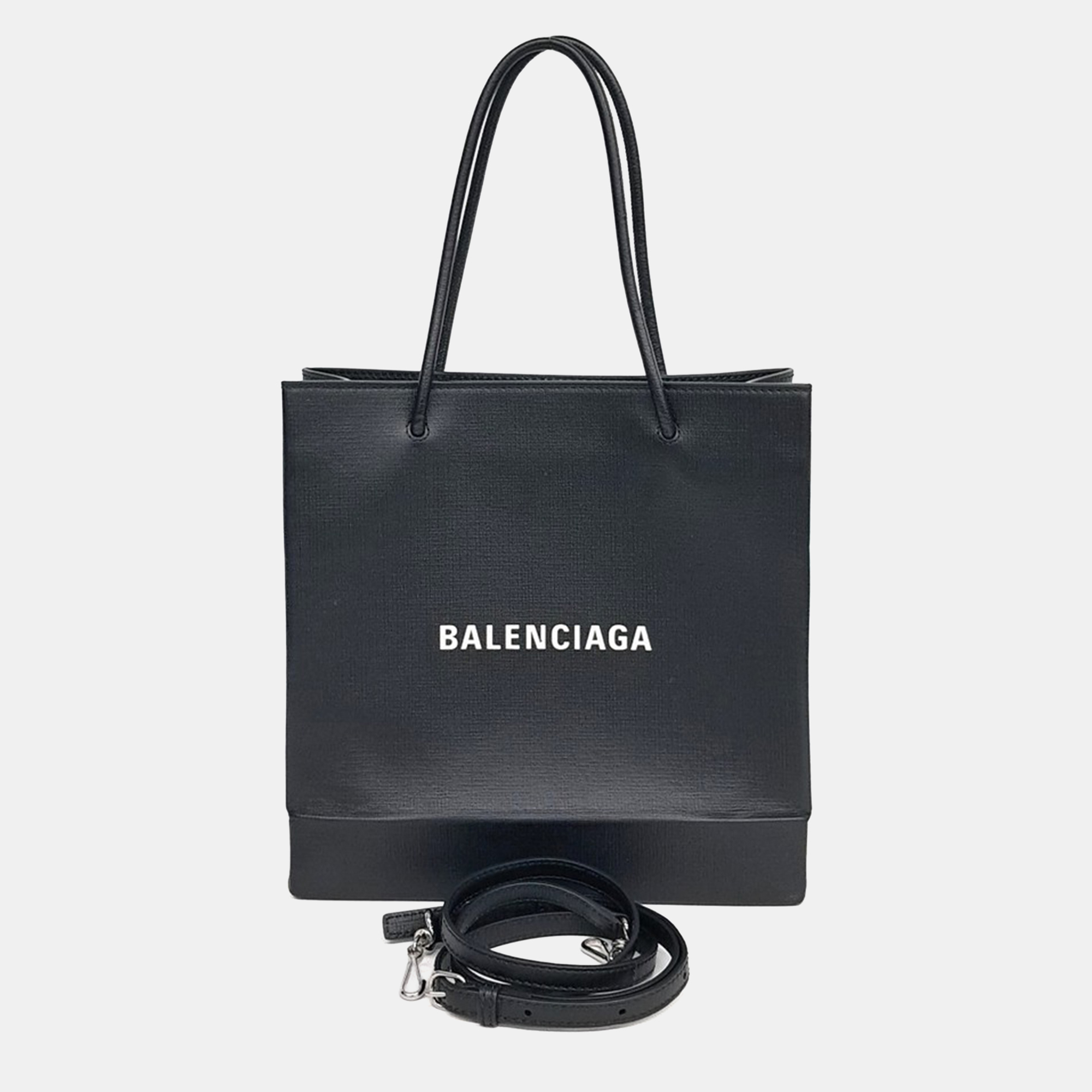

Balenciaga Black Leather Logo Shopping Tote Bag