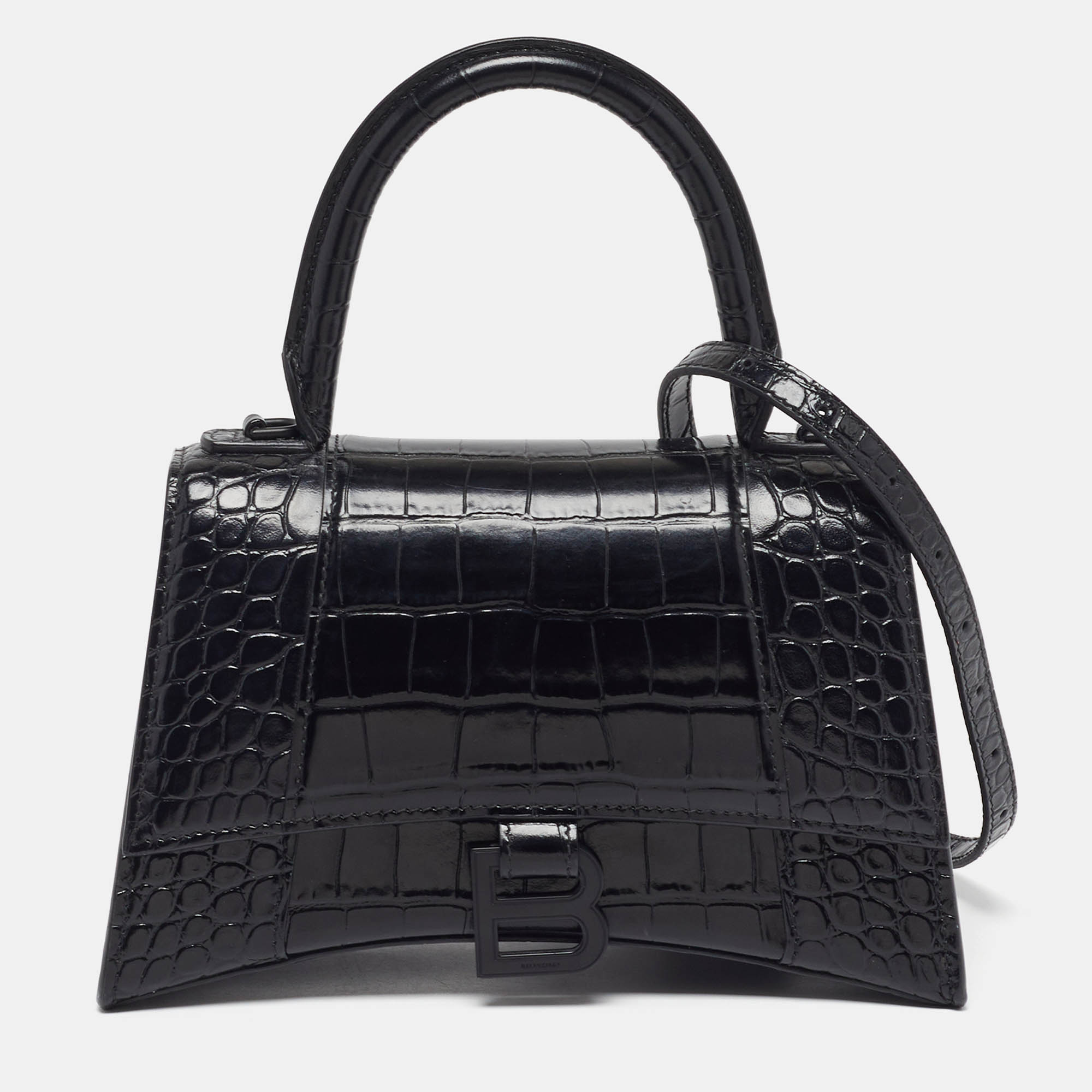 

Balenciaga Hourglass  Black Croc Embossed Leather Top Handle Bag