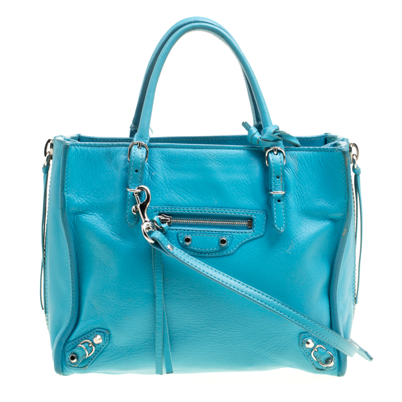 Pre Owned Balenciaga Caribbean Blue Leather Mini Papier A4 Magnet Top Handle Shoulder Bag