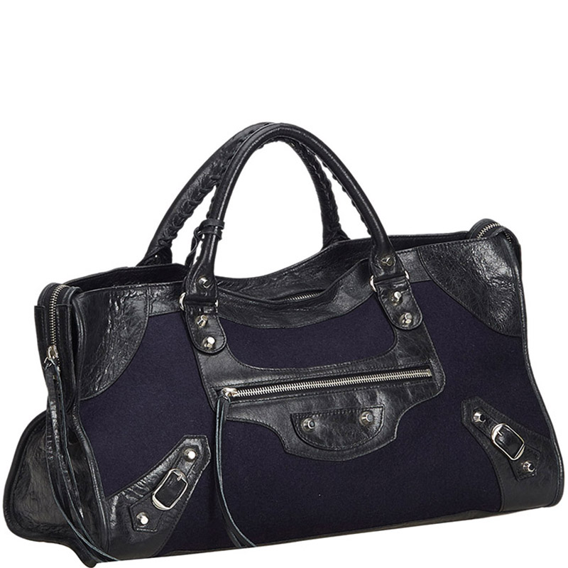 

Balenciaga Navy Blue Suede And Leather Motocross Suede Giant City Satchel