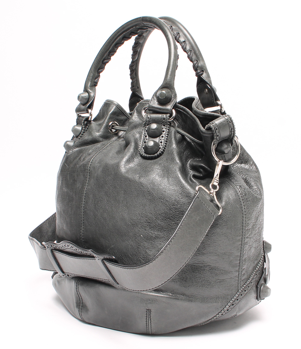 

Balenciaga Grey Lambskin Leather Brogues PomPon Shoulder Bag