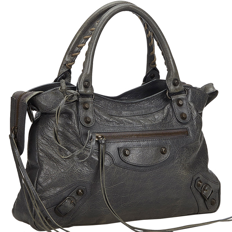 

Balenciaga Gray Leather Motocross Classic Town Satchel, Grey