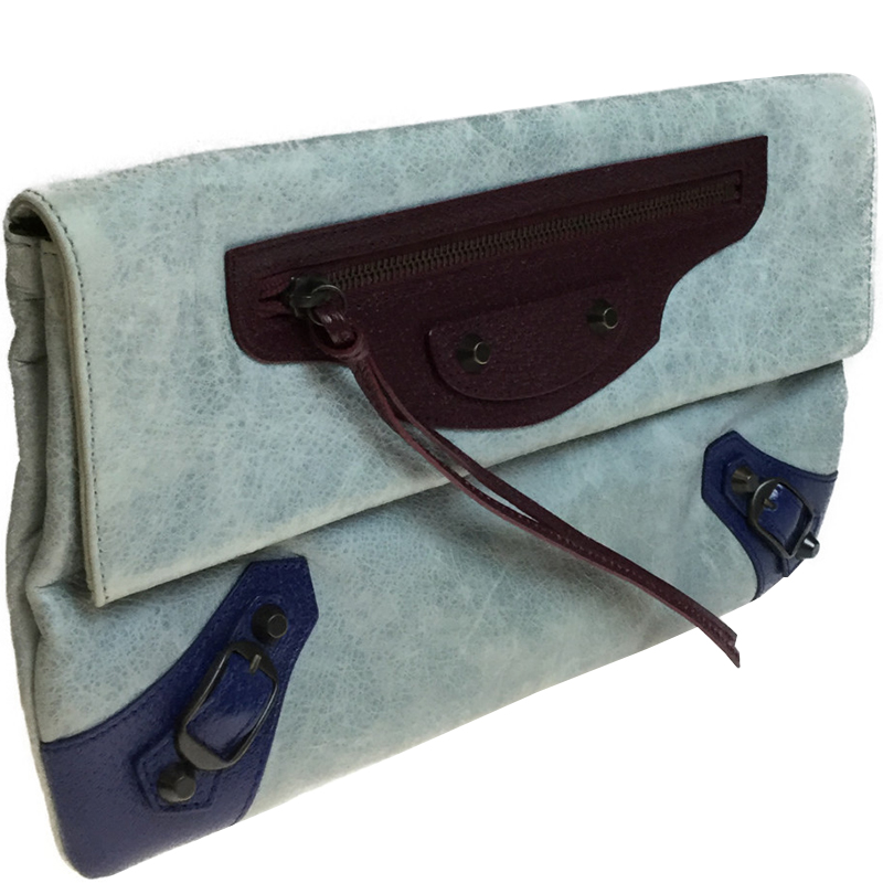 

Balenciaga Gray Blue/Wine Lambskin Leather Classic Envelope Clutch Bag