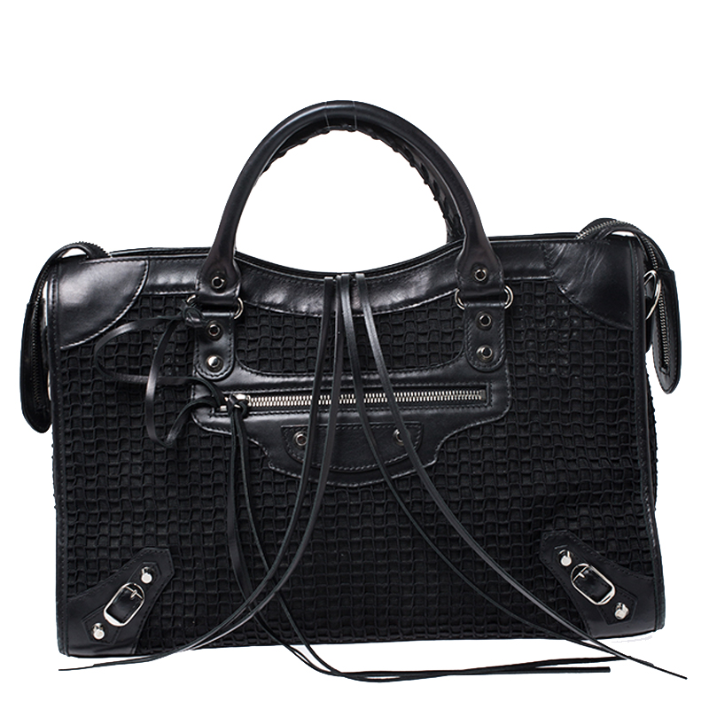 Pre-owned Balenciaga Black Leather And Mesh Silver Hardware City Bag