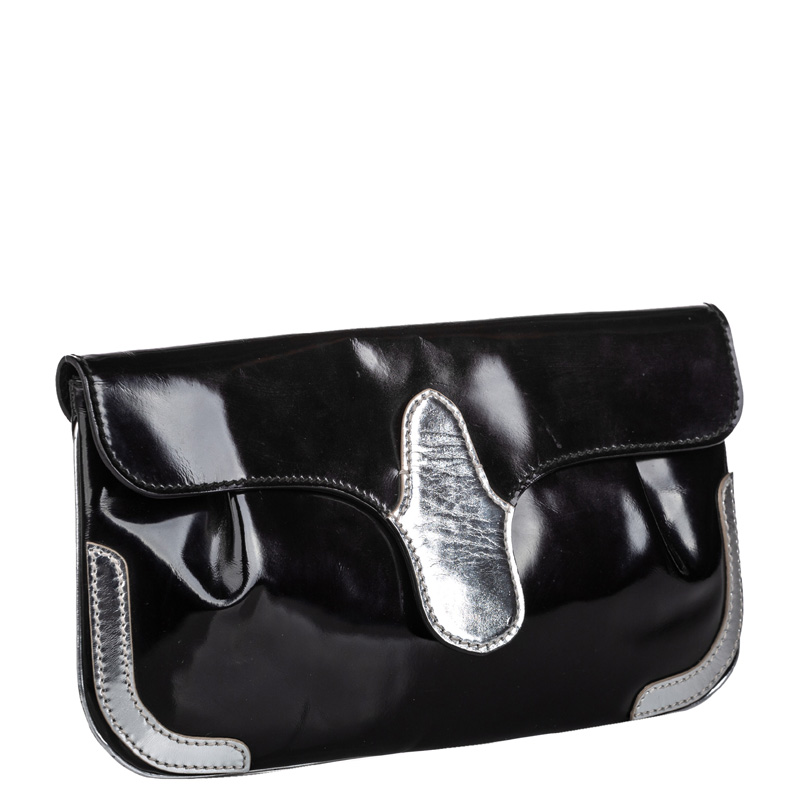 

Balenciaga Black Silver Patent Leather Clutch Bag