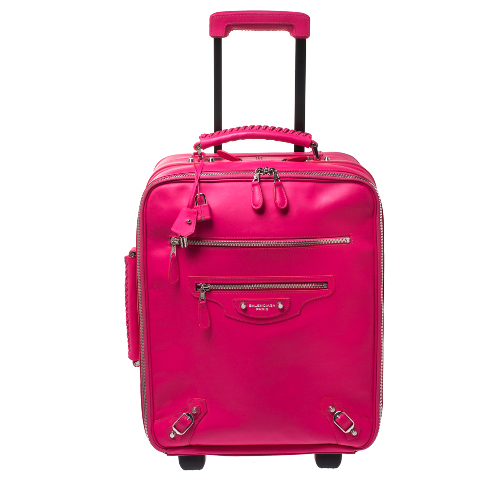 Balenciaga Neon Pink Leather Classic Voyage Carry On Luggage