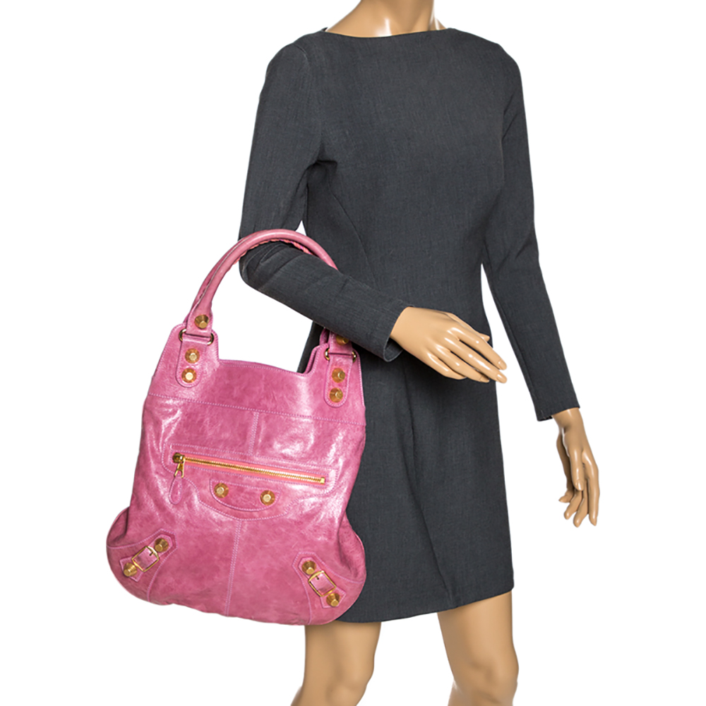

Balenciaga Rose Azalee Leather Motocross GGH Slim Hobo, Pink