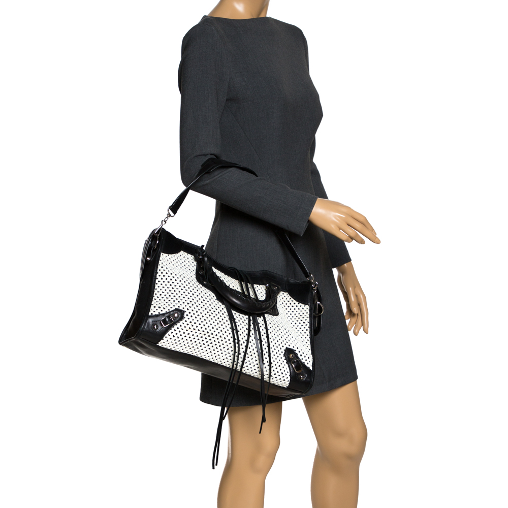 

Balenciaga Black/White Crochet Straw and Leather City Bag