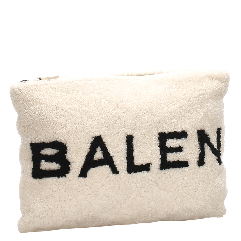 

Balenciaga White Shearling Logo Clutch Bag