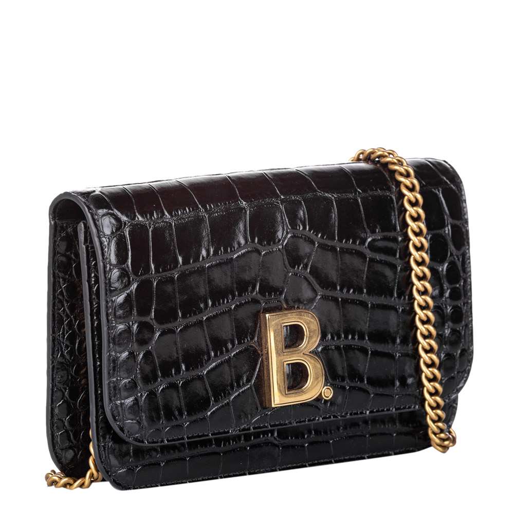 

Balenciaga Black Croc Embossed Patent Leather B Bag Wallet On Chain
