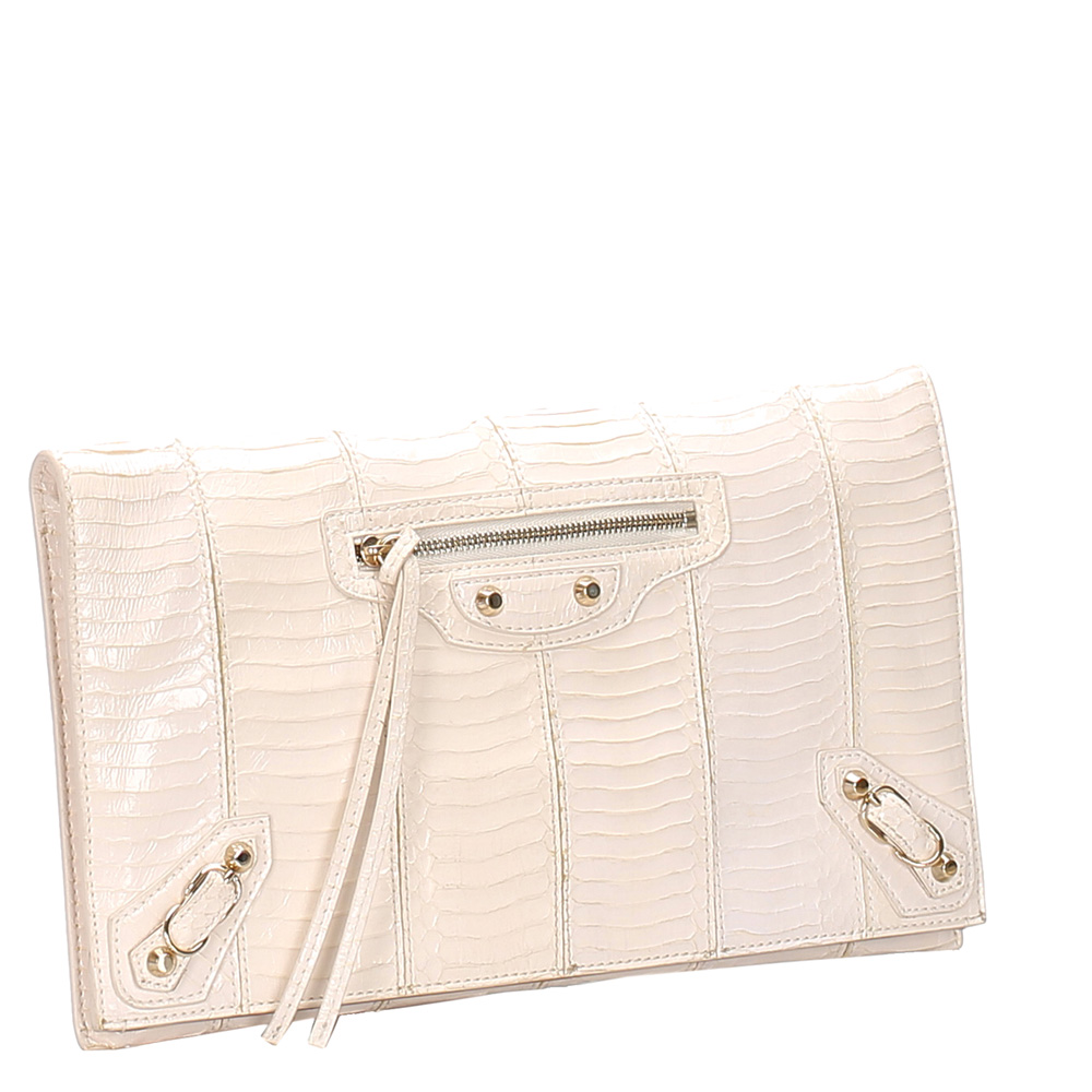 

Balenciaga White Snakeskin Leather Motocross Clutch