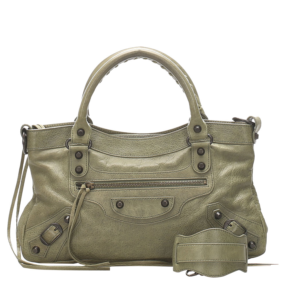 BALENCIAGA GREEN LEATHER MOTOCROSS CLASSIC FIRST LEATHER SATCHEL BAG