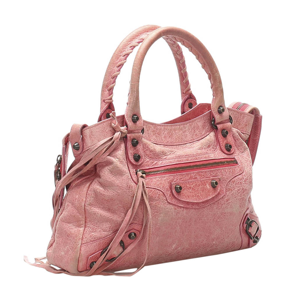 

Balenciaga Pink Motocross Leather Classic Town Satchel Bag