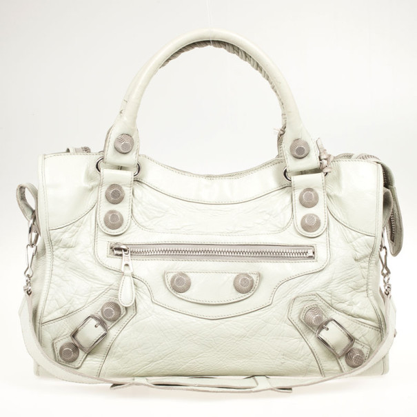 Pre Owned Balenciaga Beige Leather Giant Silver City Bag