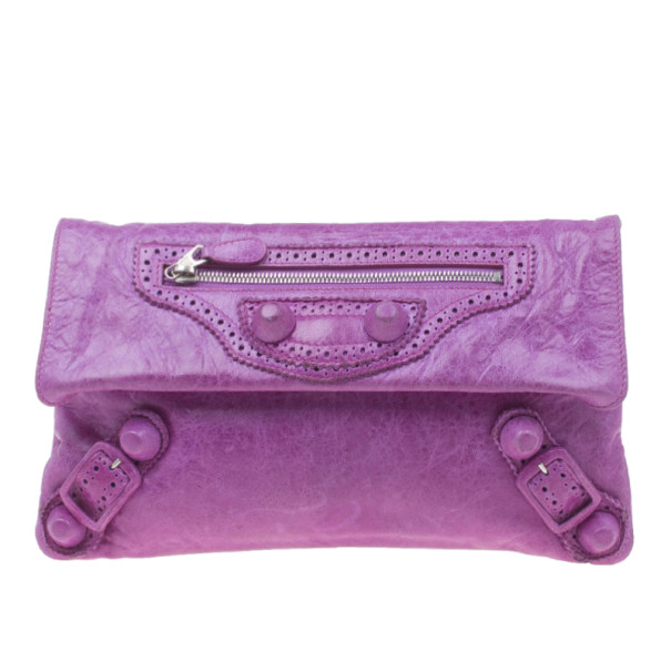Pre Owned Balenciaga Purple Leather Giant Envelope Flap Clutch