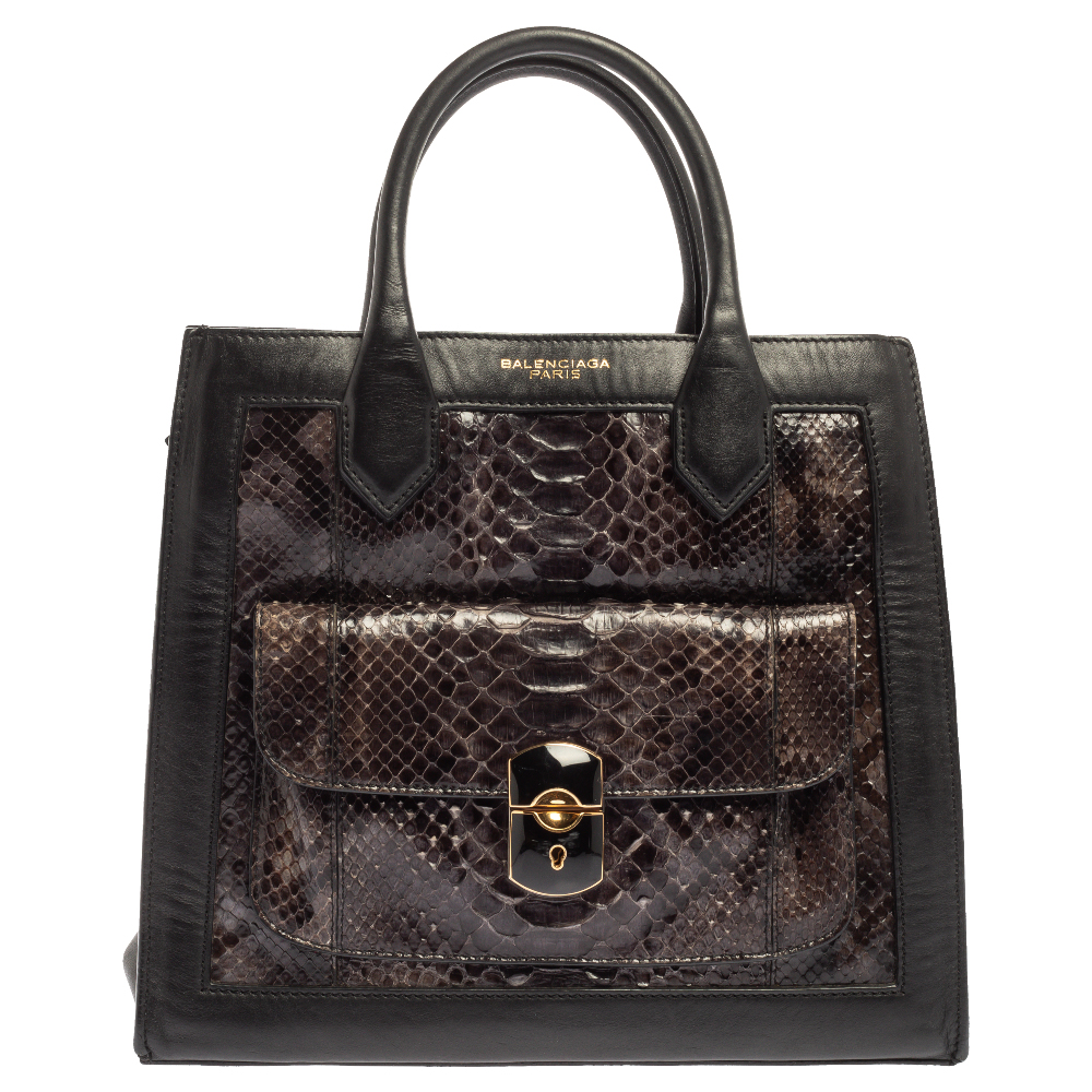 

Balenciaga Black Leather and Python Padlock All Afternoon Tote