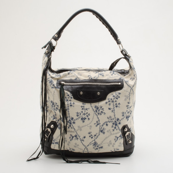 Balenciaga Floral Cotton & Black Chèvre Leather Work Bag