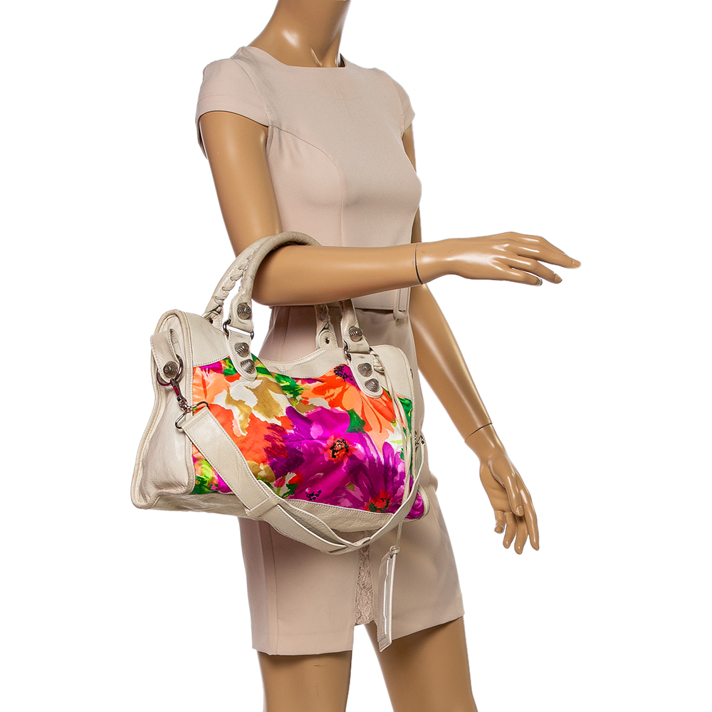 

Balenciaga Light Beige Floral Print Satin and Leather GSH City Bag