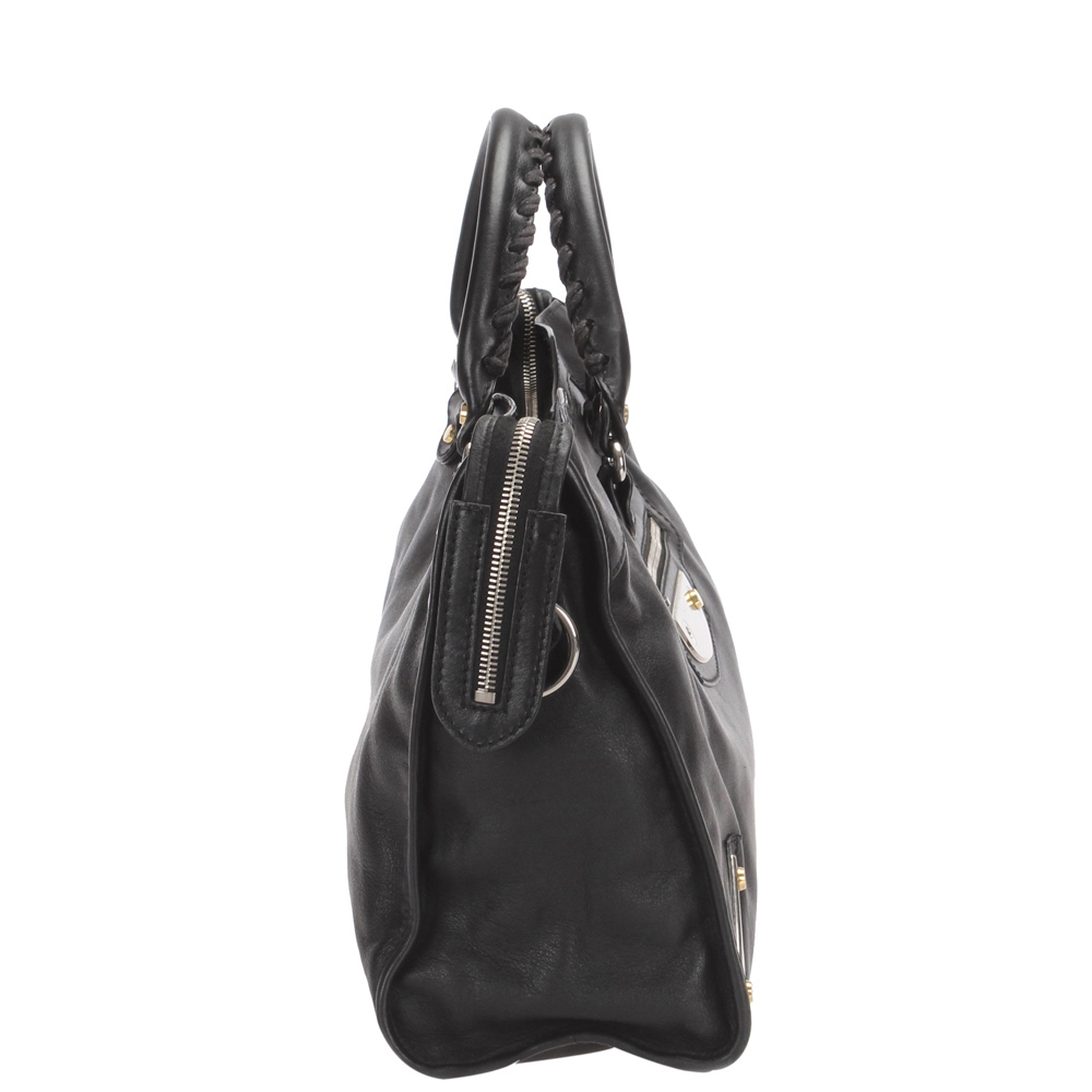 

Balenciaga Black Leather Motocross Amp Plate Silver City Bag