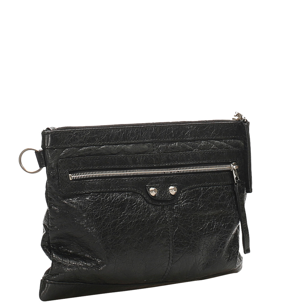 

Balenciaga Black Motocross Classic Clip  Leather Clutch Bag