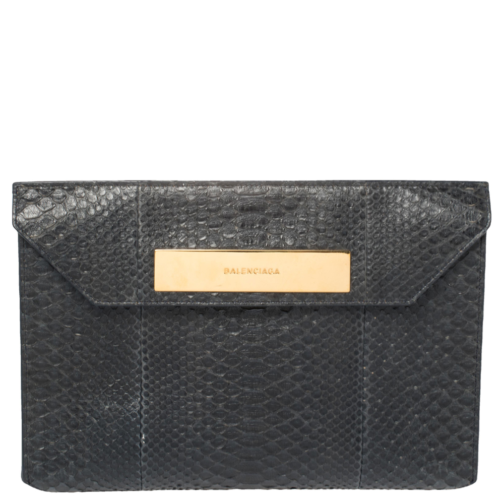 Pre-owned Balenciaga Navy Blue/white Python And Leather Logo Plaque Clutch