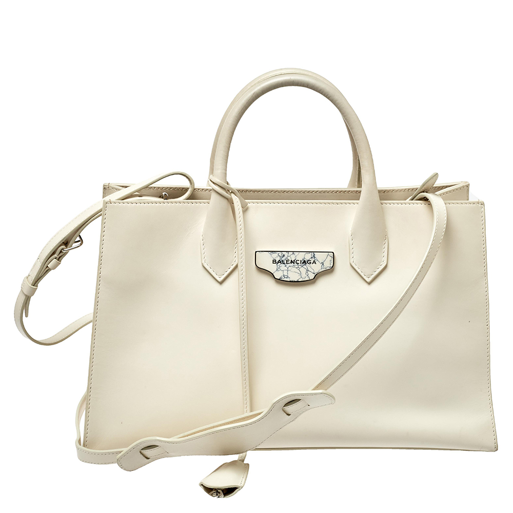Pre-owned Balenciaga Off White Leather Padlock Nude Work Tote