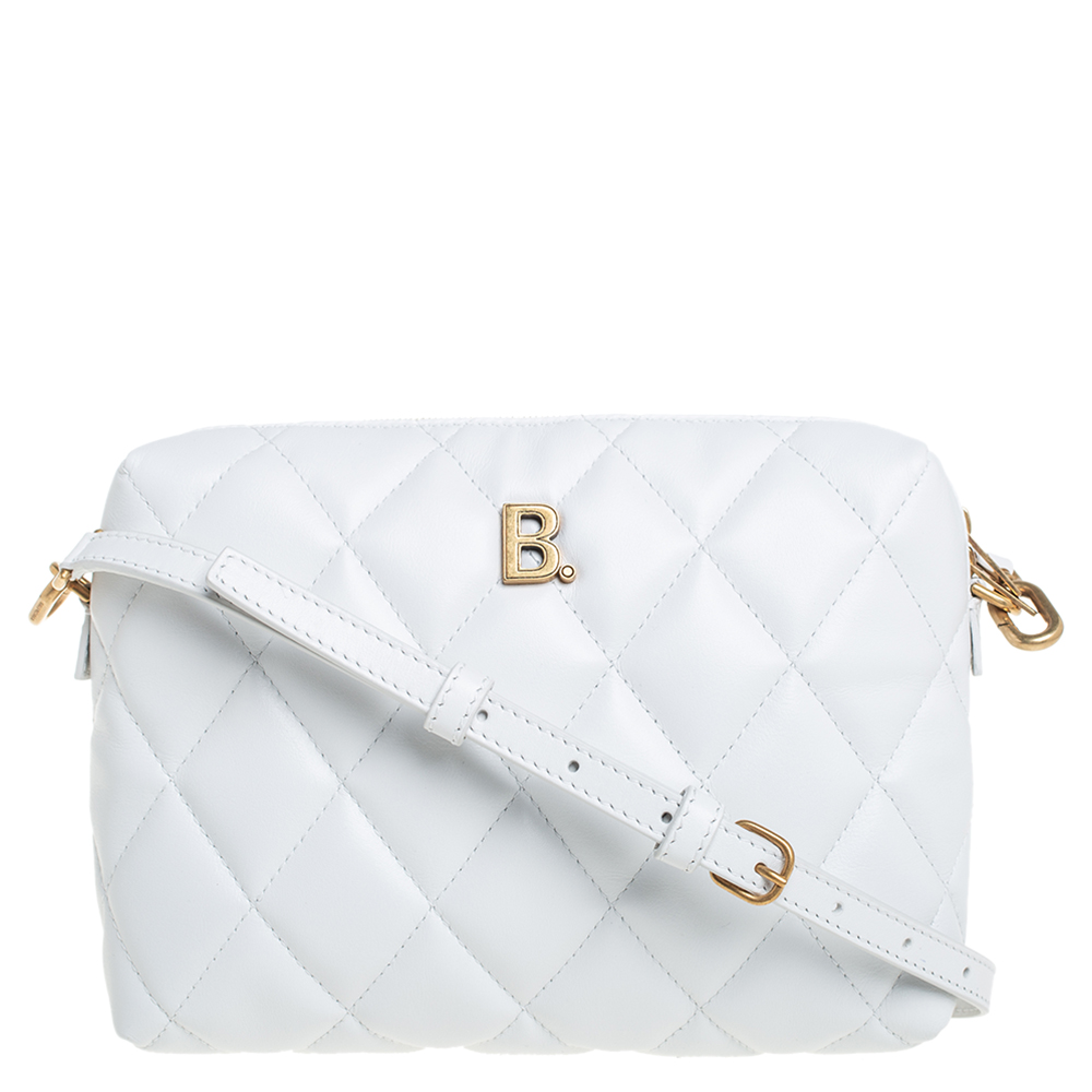Pre-owned Balenciaga White Quilted Leather B Camera Crossbody Bag