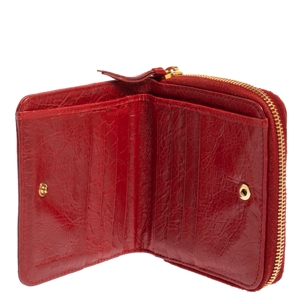 

Balenciaga Rouge Groseille Leather Zip Around Compact Wallet, Red
