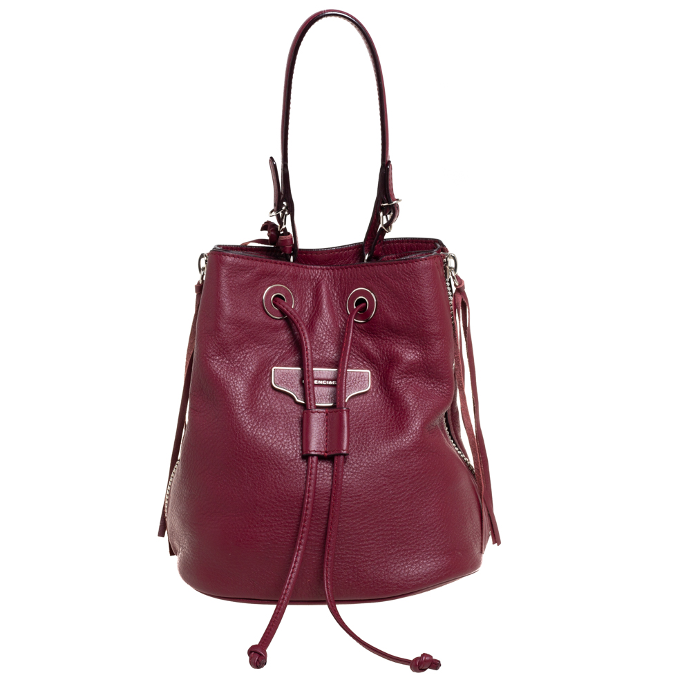 Pre-owned Balenciaga Bordeaux Leather Papier Plate Bucket Bag In Red
