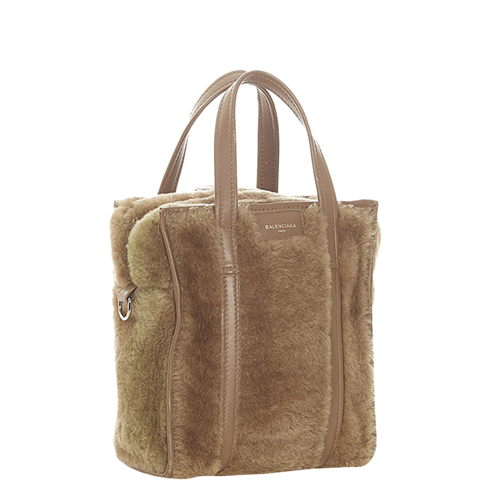 

Balenciaga Brown Leather trimmed Shearling Bazar Shopper  Bag