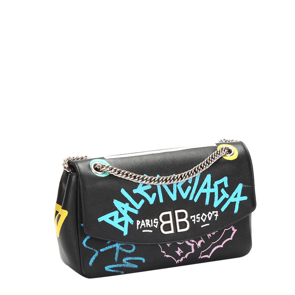 

Balenciaga Black Leather Graffiti Chain Shoulder Bag, Multicolor