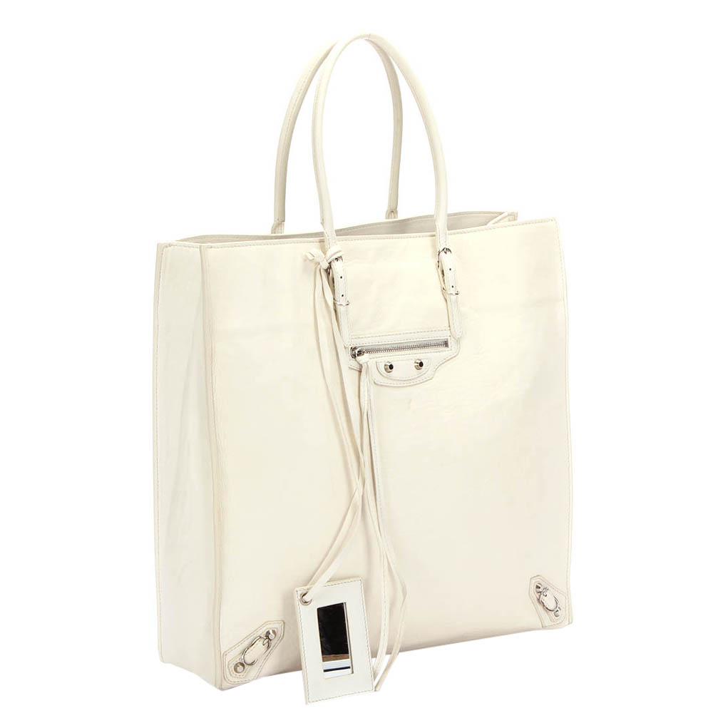 

Balenciaga White Leather Papier Ledger Tote Bag