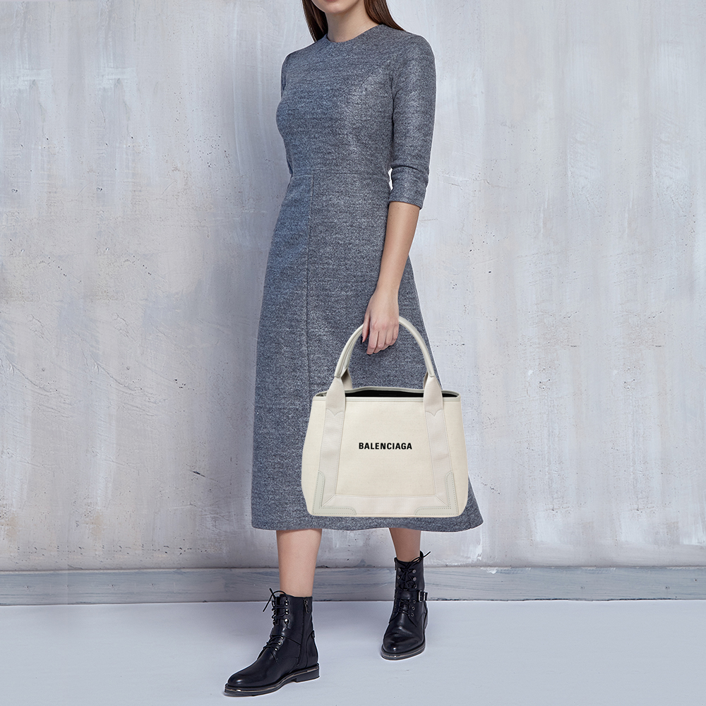 

Balenciaga White Canvas and Leather  Navy Cabas Tote