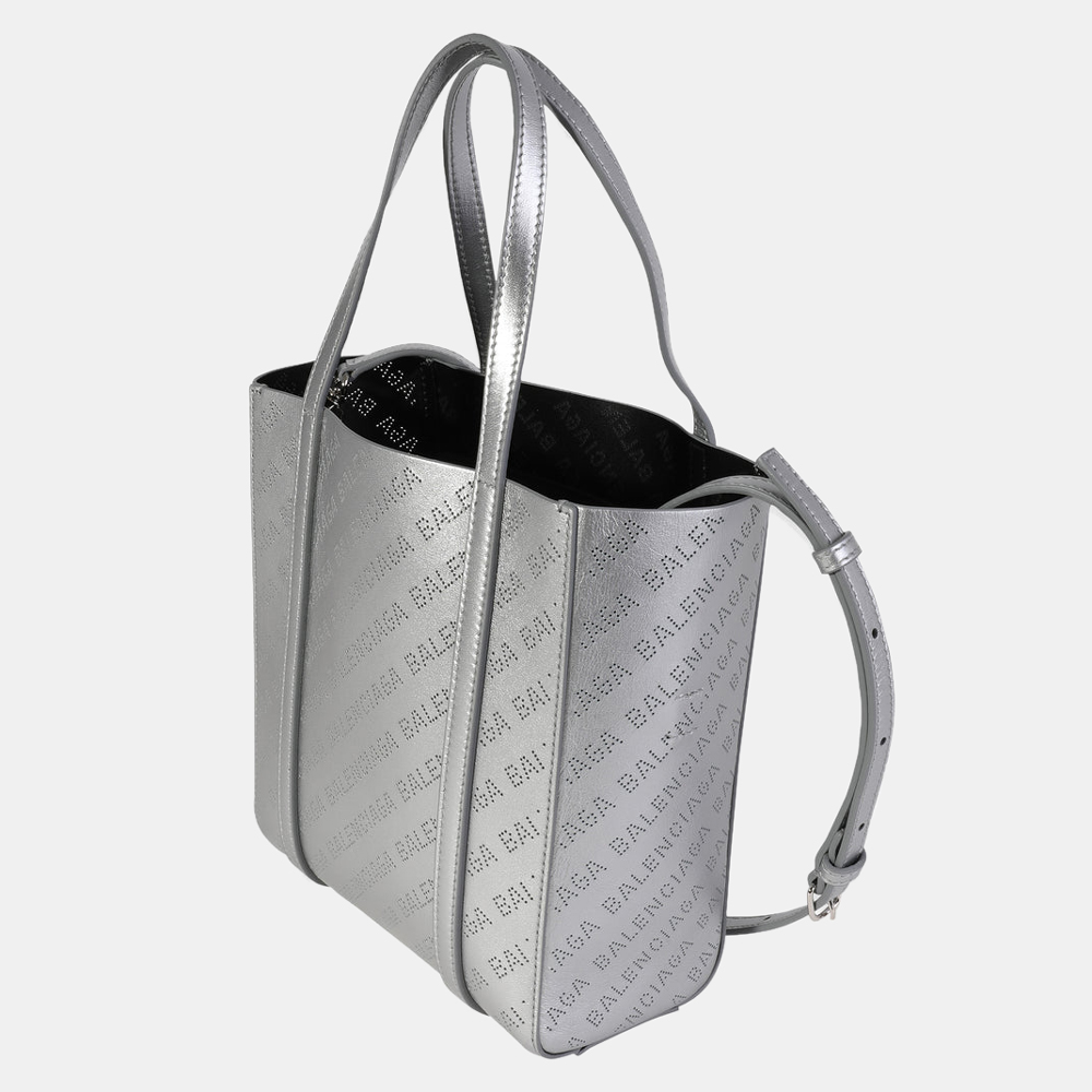 

Balenciaga Silver Calfskin Leather Logo Perforated  Everyday Tote Bag