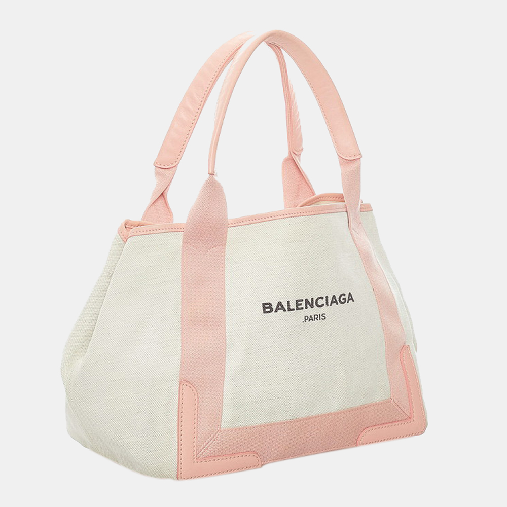 

Balenciaga White/Pink Leather Canvas Navy Cabas  Tote Bag