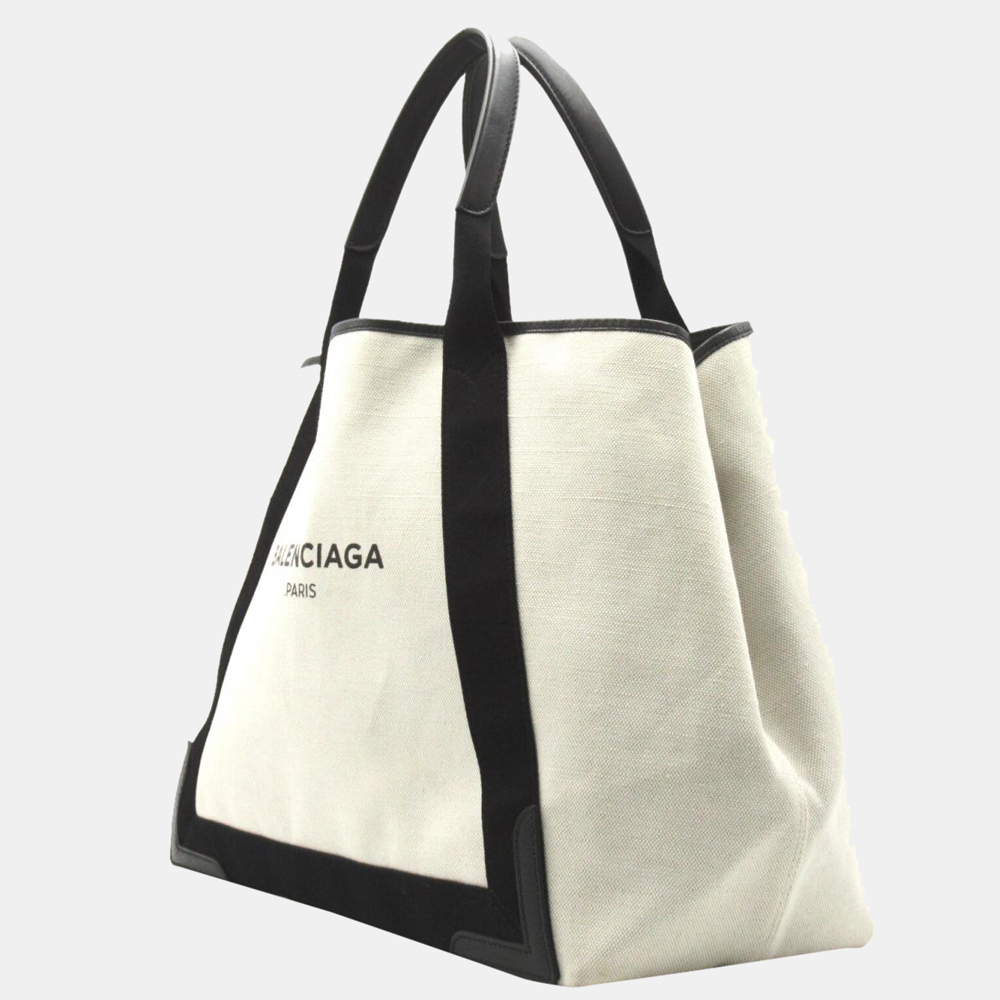 

Balenciaga White Canvas Navy Cabas  Tote Bag