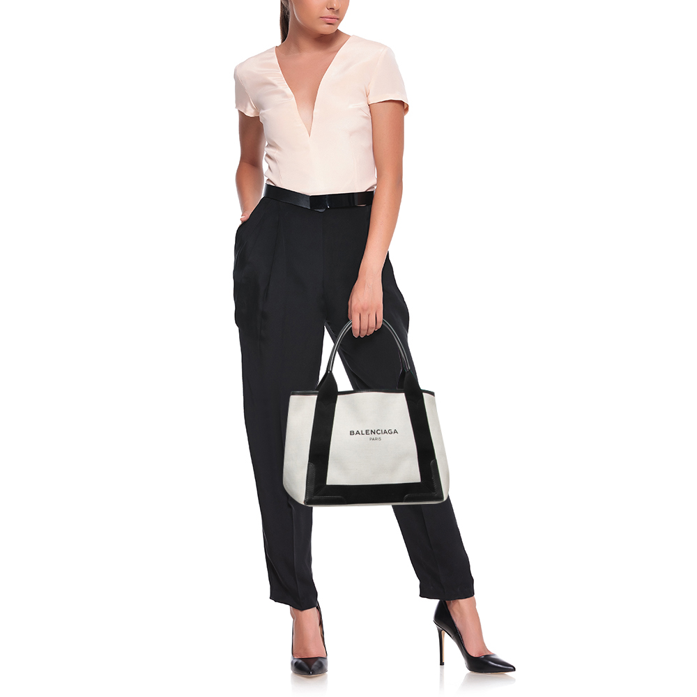 

Balenciaga Off White/Black Printed Canvas and Leather Small Cabas Tote