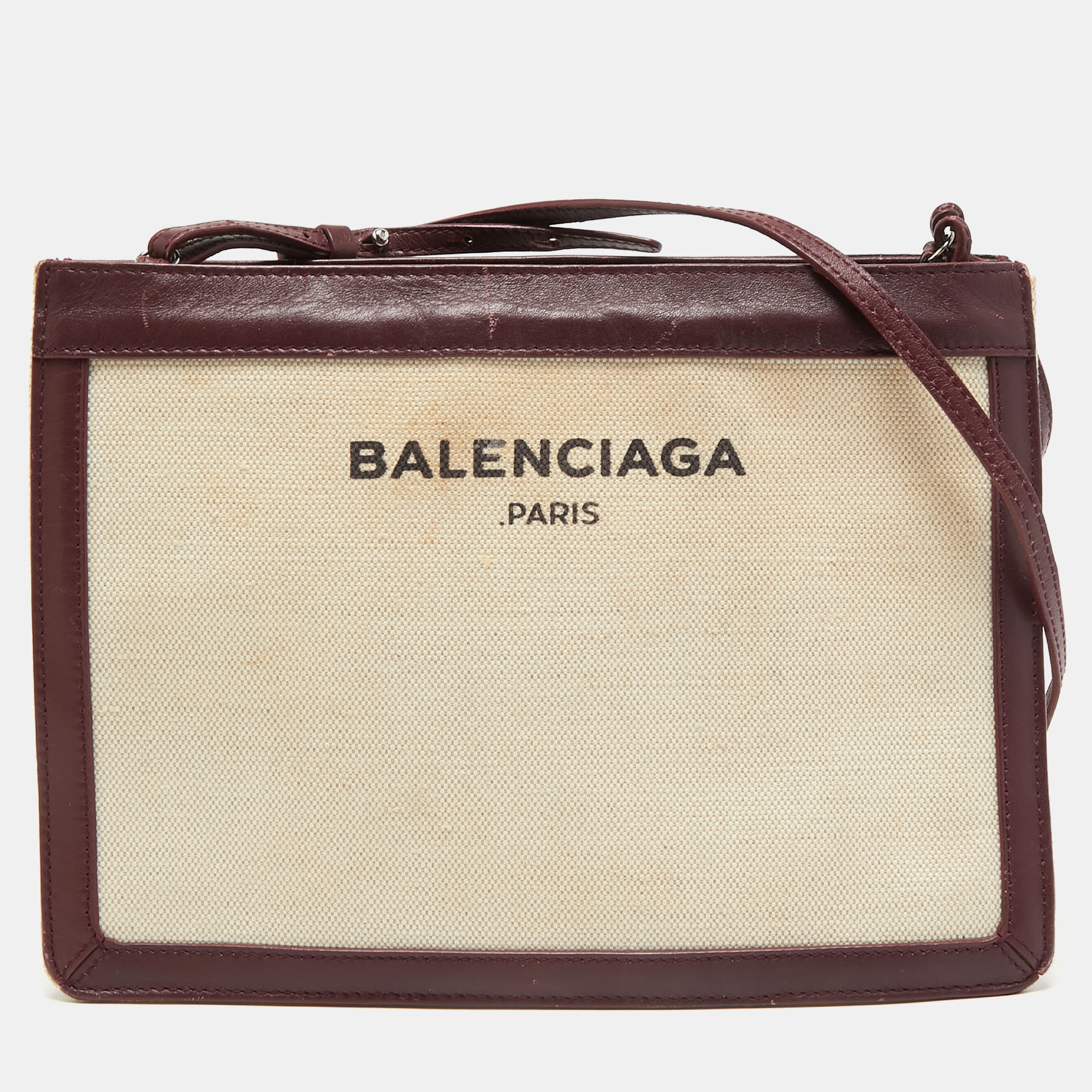 Pre-owned Balenciaga White/burgundy Canvas And Leather Navy Pochette Crossbody Bag
