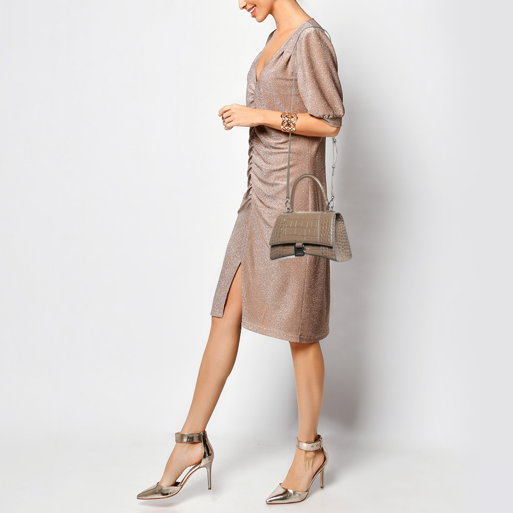 

Balenciaga Beige Croc Embossed Leather Small Hourglass Box Top Handle Bag