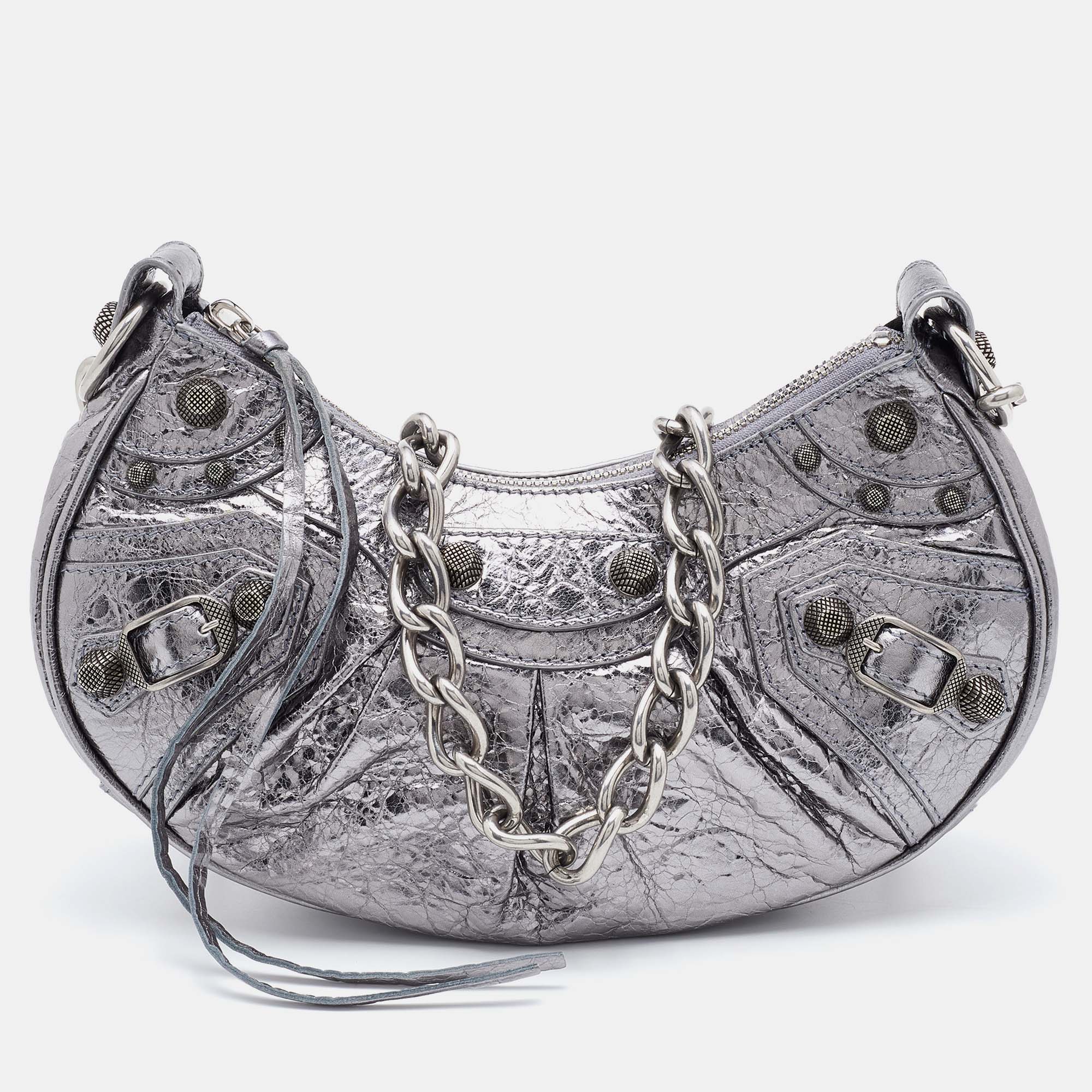 Pre-owned Balenciaga Silver Leather Xs Le Cagole Chain Shoulder Bag
