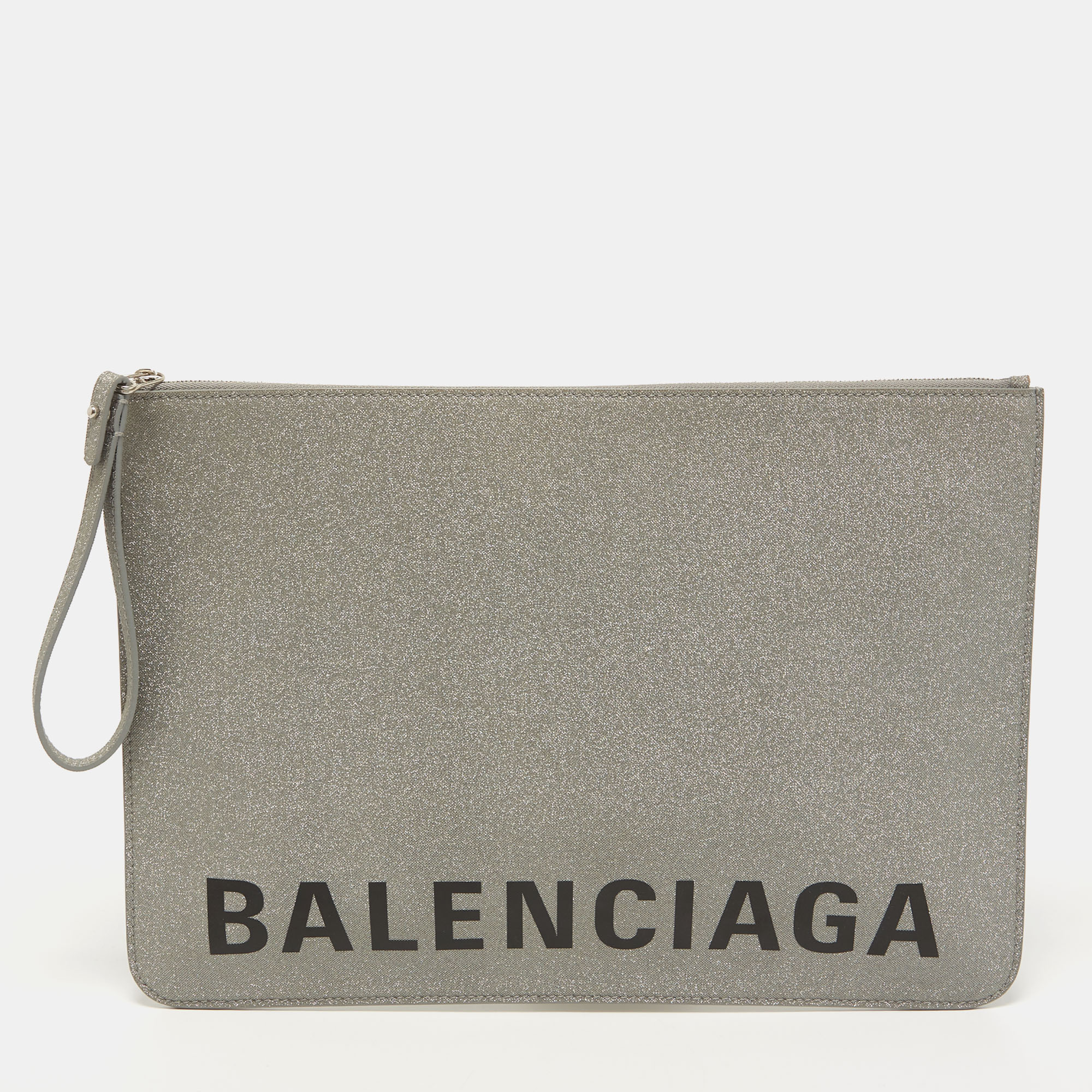 Pre-owned Balenciaga Grey Glitter Leather Ville Wristlet Pouch