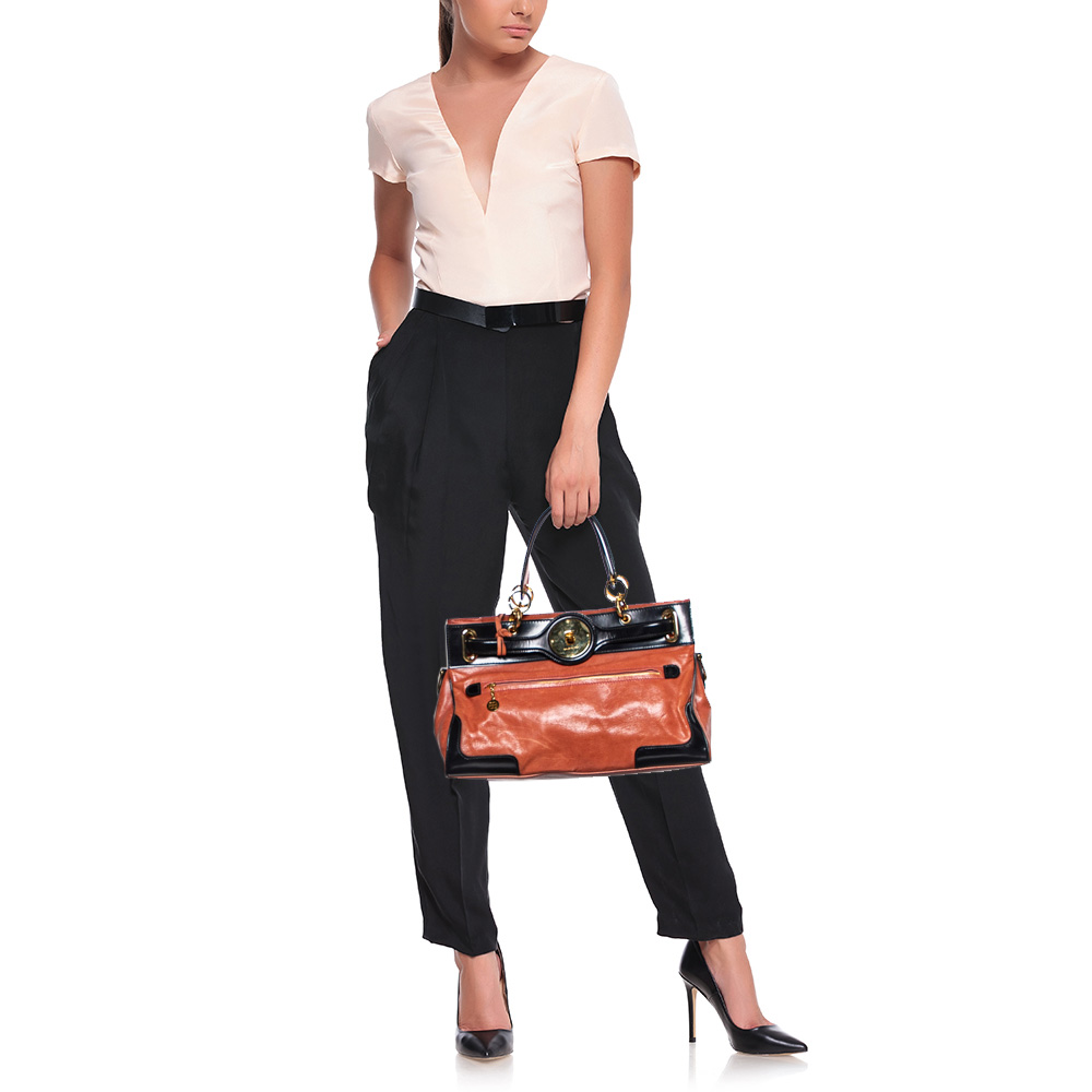 

Balenciaga Peach/Black Leather and Patent Leather Lune Tote, Orange