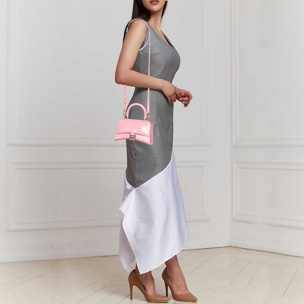 

Balenciaga Pink Croc Embossed Leather  Hourglass Top Handle Bag