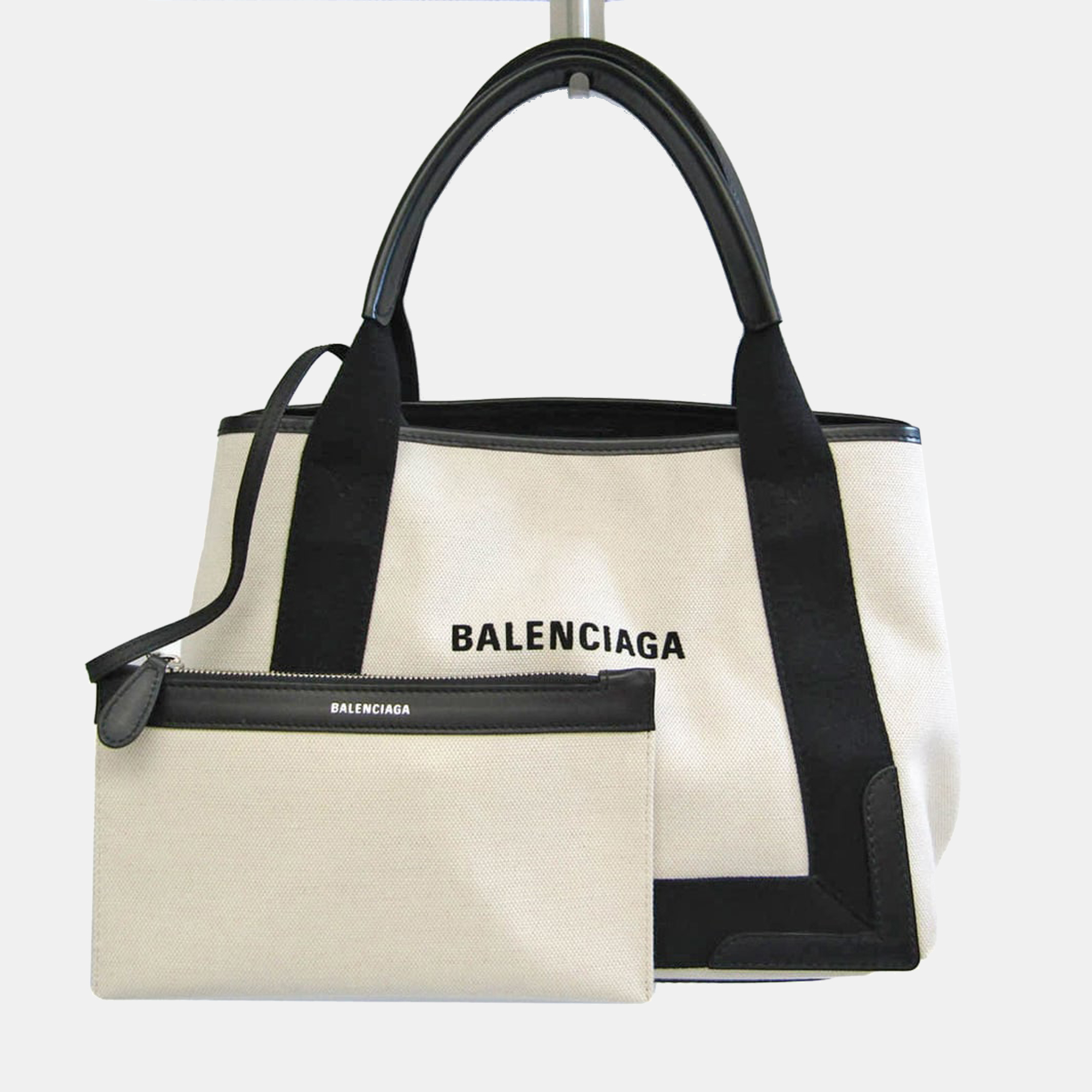 Pre-owned Balenciaga Cream Canvas Navy Small Cabas Tote Bag