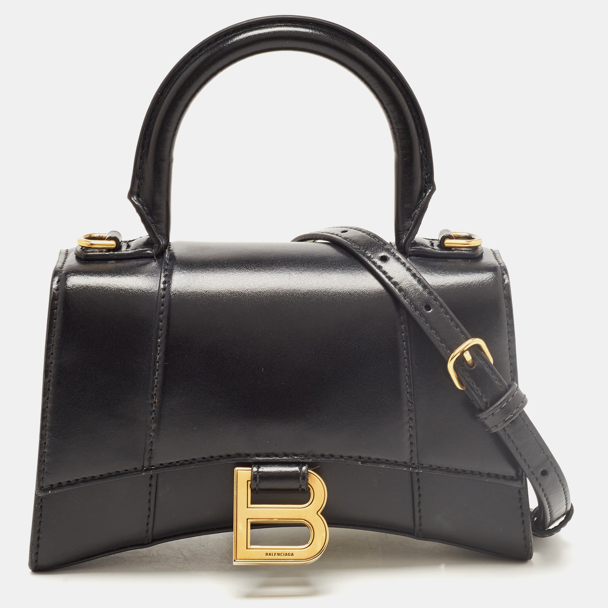 Black Leather XS Hourglass Top Handle Bag