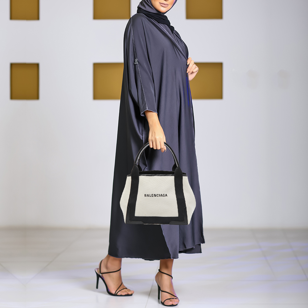 

Balenciaga Off White/Black Printed Canvas and Leather Small Cabas Tote