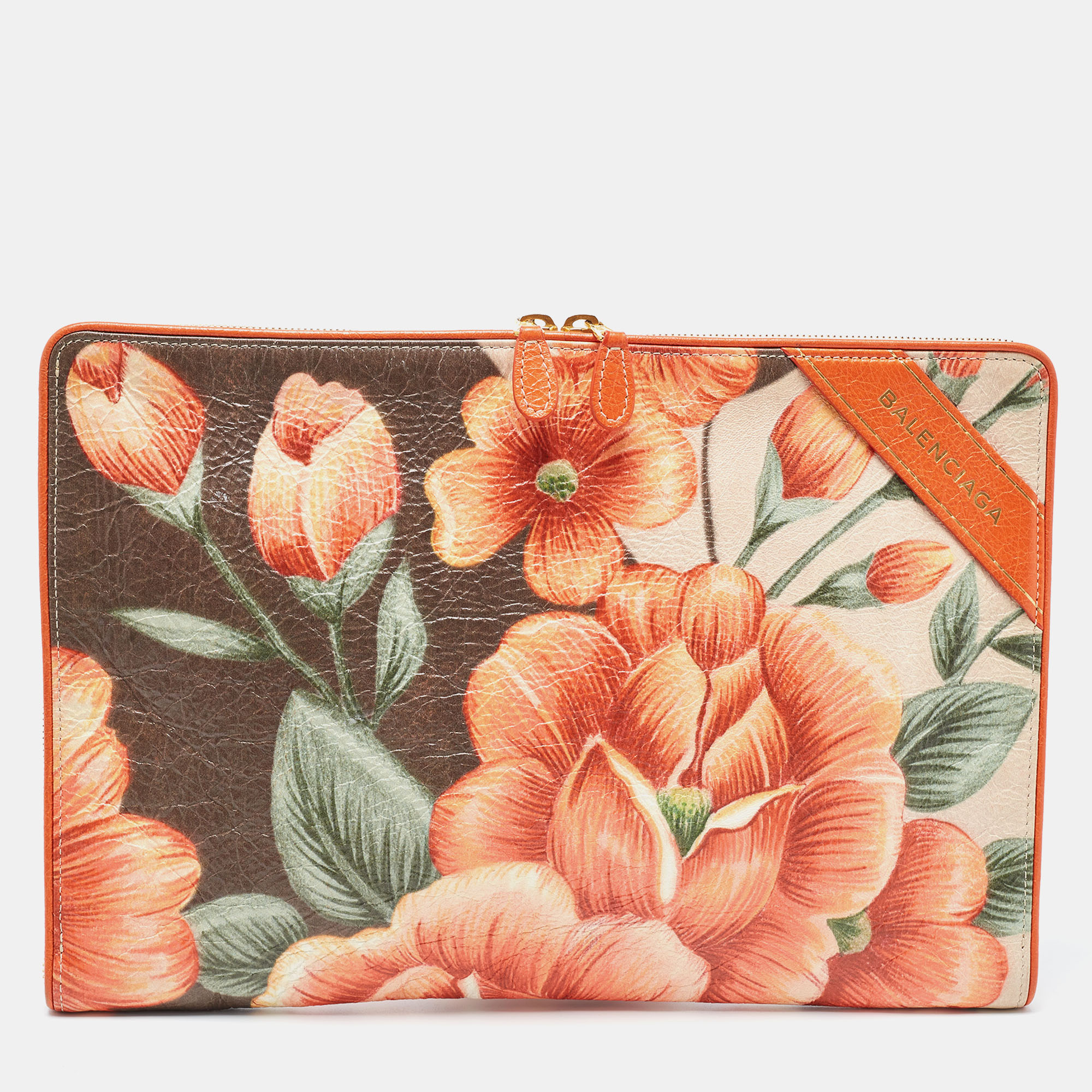 Pre-owned Balenciaga Orange/multicolor Floral Print Leather Blanket Pouch